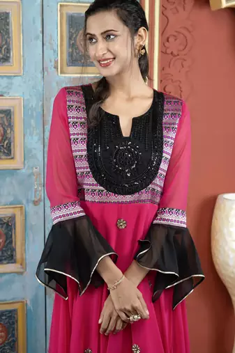 Pink embroidered georgette asymmetrical  kurta