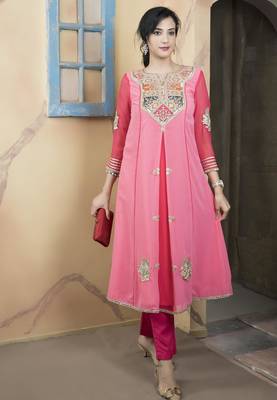 Light-pink embroidered georgette asymmetrical  kurta 1