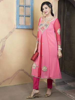 Light-pink embroidered georgette asymmetrical  kurta 2