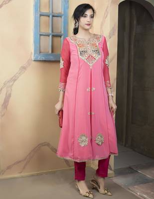 Light-pink embroidered georgette asymmetrical  kurta 3