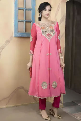 Light-pink embroidered georgette asymmetrical  kurta