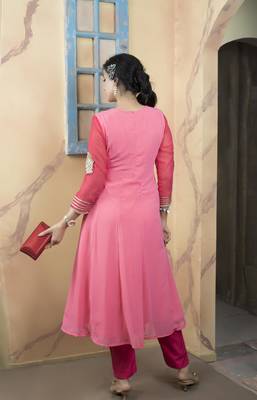 Light-pink embroidered georgette asymmetrical  kurta 4
