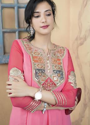 Light-pink embroidered georgette asymmetrical  kurta 5