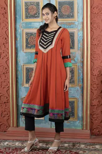Brown embroidered georgette anarkali kurta