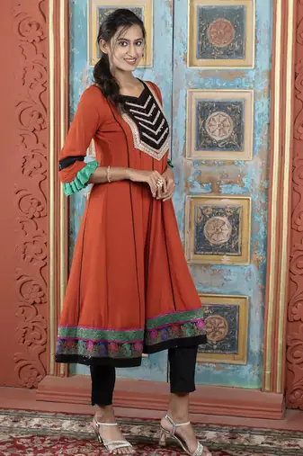 Brown embroidered georgette anarkali kurta