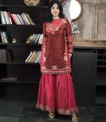 Maroon embroidered silk straight cut kurta