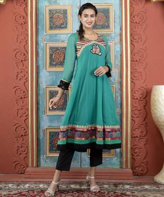Green embroidered georgette a line kurta 1