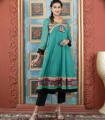 Green embroidered georgette a line kurta