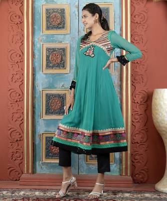 Green embroidered georgette a line kurta 2