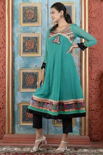 Green embroidered georgette a line kurta