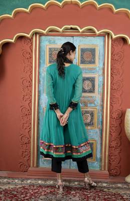 Green embroidered georgette a line kurta 4