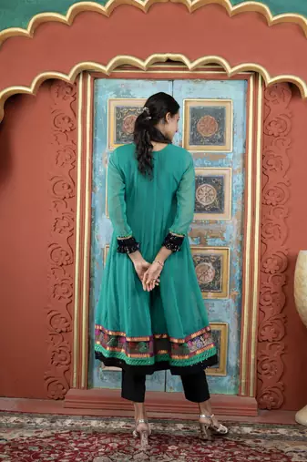 Green embroidered georgette a line kurta