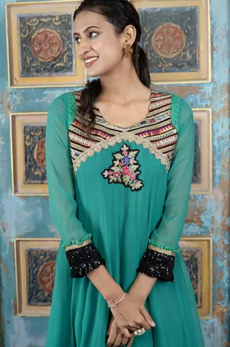 Green embroidered georgette a line kurta