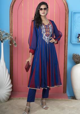 Royal-blue embroidered georgette anarkali kurta 1