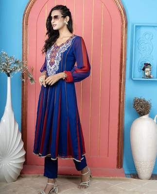 Royal-blue embroidered georgette anarkali kurta 2