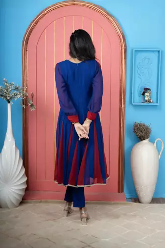 Royal-blue embroidered georgette anarkali kurta