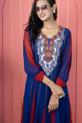 Royal-blue embroidered georgette anarkali kurta