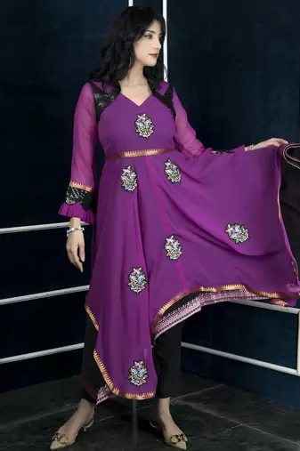 Pink embroidered georgette asymmetrical  kurta