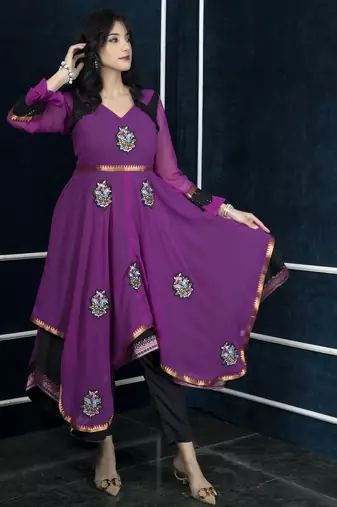 Pink embroidered georgette asymmetrical  kurta