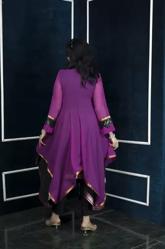Pink embroidered georgette asymmetrical  kurta