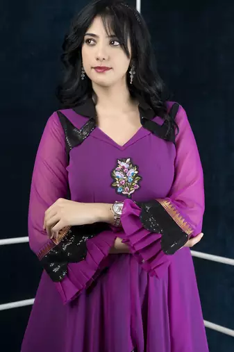 Pink embroidered georgette asymmetrical  kurta