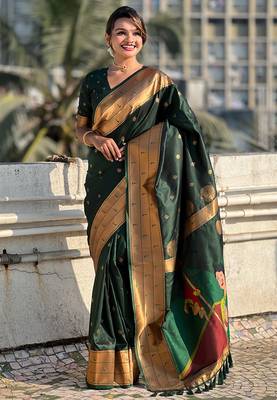 Bottle green zari woven gudi padwa special paithani silk blend saree 4