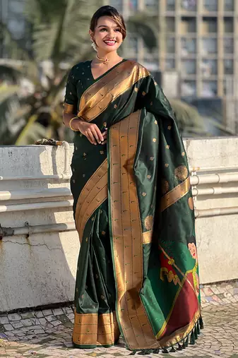 Bottle green zari woven gudi padwa special paithani silk blend saree