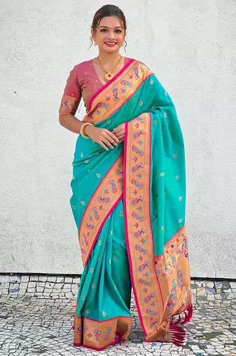 Sky blue zari woven tiny nath meenakari contrast yeola paithani silk blend saree