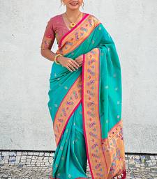 Sky blue zari woven tiny nath meenakari contrast yeola paithani silk blend saree