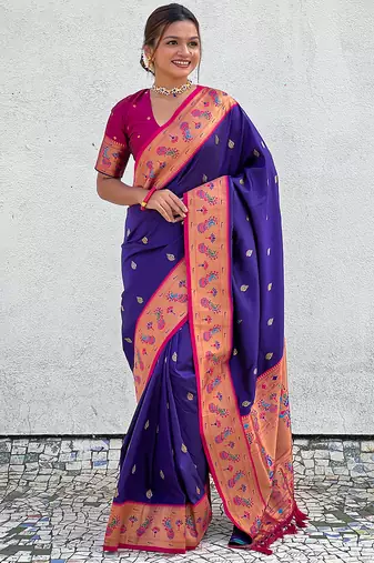 Violet zari woven tiny nath meenakari contrast yeola paithani silk blend saree