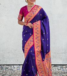 Violet zari woven tiny nath meenakari contrast yeola paithani silk blend saree