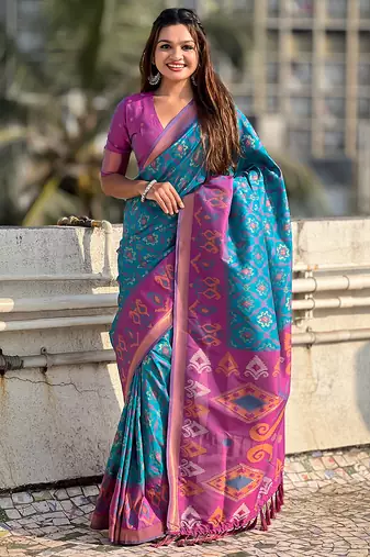 Sky blue soft silk blend zari woven patola saree with contrast weaves