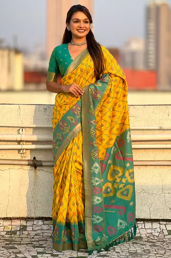 Yellow soft silk blend zari woven patola saree with contrast weaves