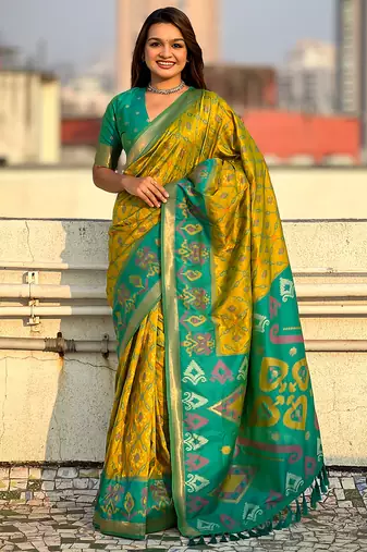Mehendi green soft silk blend zari woven patola saree with contrast weaves