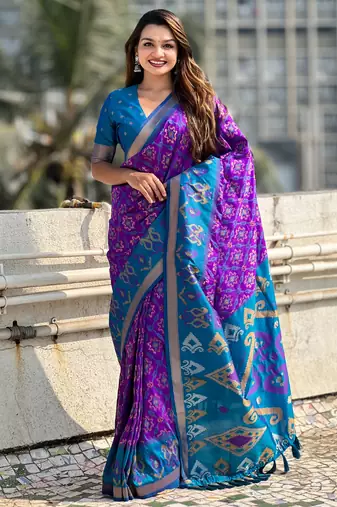 Purple soft silk blend zari woven patola saree with contrast weaves