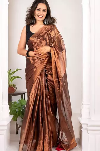 Brown handloom raga tissue dual tone saree with pom pom and blouse