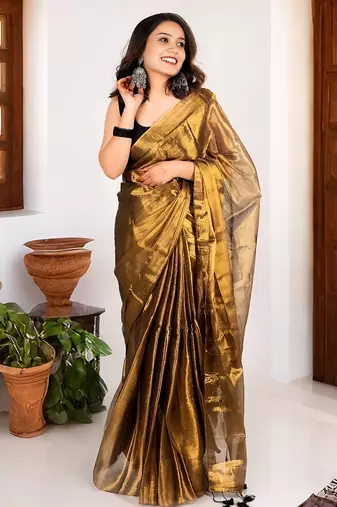 Gold handloom raga tissue dual tone saree with pom pom and blouse