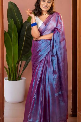 Lavender handloom raga tissue dual tone saree with pom pom and blouse