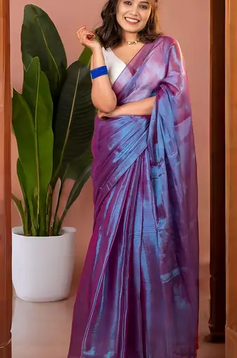 Lavender handloom raga tissue dual tone saree with pom pom and blouse