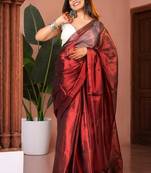 Maroon handloom raga tissue dual tone saree with pom pom and blouse