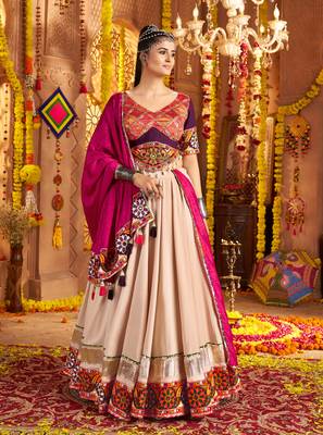 Beige Viscose Rayon Lehenga Choli with Thread Embroidery & Mirror Work     Navratri Special 1