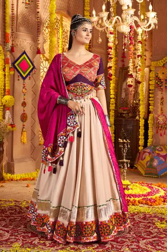 Beige Viscose Rayon Lehenga Choli with Thread Embroidery & Mirror Work – Navratri Special
