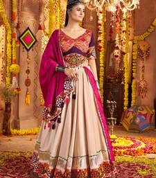 Beige Viscose Rayon Lehenga Choli with Thread Embroidery & Mirror Work     Navratri Special