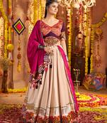 Beige Viscose Rayon Lehenga Choli with Thread Embroidery & Mirror Work     Navratri Special