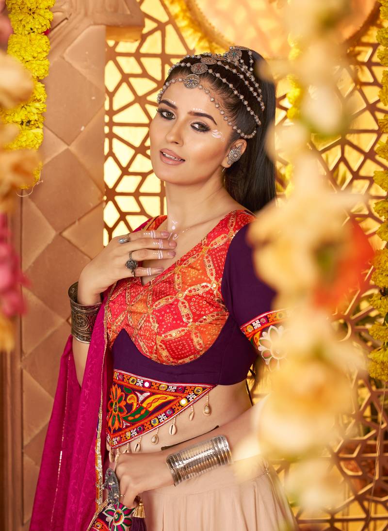 Beige Viscose Rayon Lehenga Choli with Thread Embroidery & Mirror Work     Navratri Special