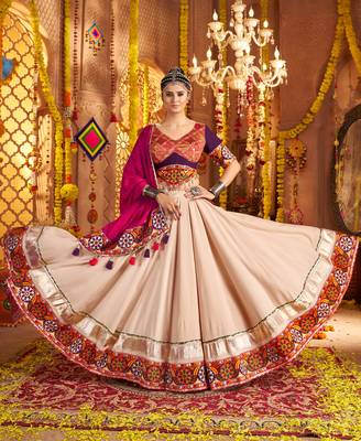 Beige Viscose Rayon Lehenga Choli with Thread Embroidery & Mirror Work     Navratri Special 4
