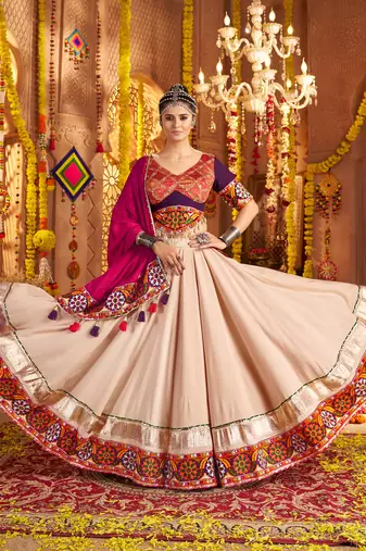 Beige Viscose Rayon Lehenga Choli with Thread Embroidery & Mirror Work     Navratri Special