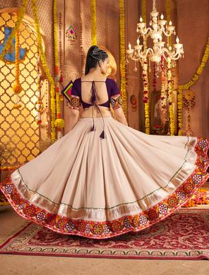 Beige Viscose Rayon Lehenga Choli with Thread Embroidery & Mirror Work     Navratri Special 5