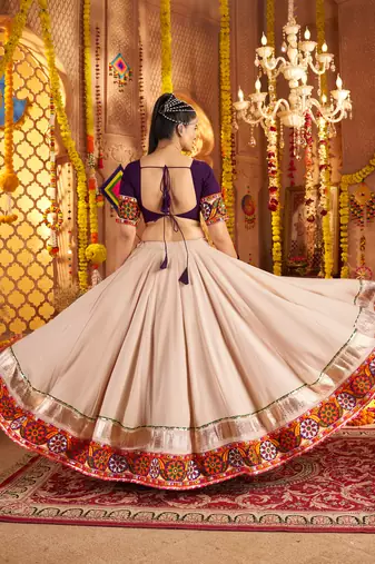 Beige Viscose Rayon Lehenga Choli with Thread Embroidery & Mirror Work     Navratri Special