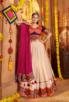 Beige Viscose Rayon Lehenga Choli with Thread Embroidery & Mirror Work     Navratri Special 6